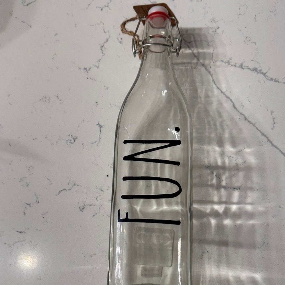 Rae Dunn Clear Glass Bottle with Black 'FUN' Text
